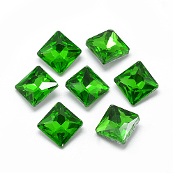 Green Pointed Back Glass Rhinestone Cabochons, Back Plated, Faceted, Square, Green, 8x8x3.5mm