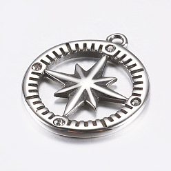 Antique Silver 316 Surgical Stainless Steel Pendants, with Rhinestone, Compass, Antique Silver, 24x21x2mm, Hole: 1.5mm