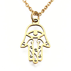 Golden 201 Stainless Steel Pendant Necklaces, with Cable Chains, Hamsa Hand/Hand of Fatima/Hand of Miriam, Golden, 15.7 inch(40cm), 1.5mm, Hand: 21x13x1mm