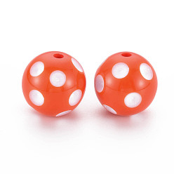 Rouge Orange Perles acryliques de bubblegum morceaux, rond avec motif à pois, rouge-orange, 20x19mm, Trou: 2.5mm, s'adapter pour 5 mm strass