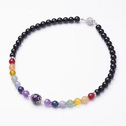 Amethyst Natural Amethyst and Mixed Gemstone Beaded Necklaces, with Alloy Bead Spacers and Rhinestone Magnetic Clasps, 16.7 inch
