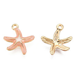 Pink Alloy Enamel Pendants, Cadmium Free & Lead Free, Starfish Shape, Light Gold, Pink, 19.5x17x3.5mm, Hole: 1.6mm