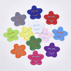 Mixed Color Computerized Embroidery Cloth Iron On/Sew On Patches, Costume Accessories, Appliques, Star with Smile Face, Mixed Color, 39.5x43x1.5mm, about 12colors, 1color/10pcs, 120pcs/bag