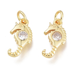 Golden Brass Micro Pave Clear Cubic Zirconia Charms, with Jump Ring, Sea Horse, Golden, 12.5x6.5x2.5mm, Hole: 1.5mm, Jump Rings: 3.5x0.8mm