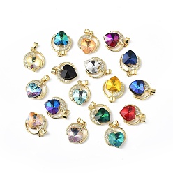 Mixed Color Real 18K Gold Plated Rack Plating Brass Micro Pave Clear Cubic Zirconia Pendants, with Glass, Long-Lasting Plated, Cadmium Free & Lead Free, Heart Charm, Mixed Color, 21x17.5x8mm, Hole: 5x3mm