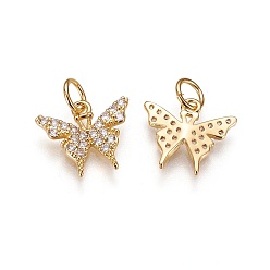 Golden Brass Micro Pave Cubic Zirconia Charms, Long-Lasting Plated, Butterfly, Clear, Golden, 11x13x2mm, Hole: 3.5mm
