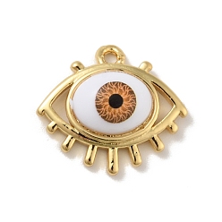 Saddle Brown Brass Pendants, with Acrylic, Cadmium Free & Lead Free, Long-Lasting Plated, Evil Eye, Real 18K Gold Plated, Saddle Brown, 16.5x19x6mm, Hole: 4x3.5mm