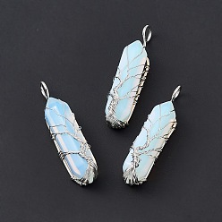 Opalite Opalite Copper Wire Wrapped Pendants, Faceted Bullet Charms, Platinum, 49x14.5x11.5mm, Hole: 5mm
