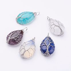 Mixed Stone Natural & Synthetic Mixed Stone Pendants, with Brass Findings, teardrop, Platinum, 44~46x26x12~13mm, Hole: 4x7mm