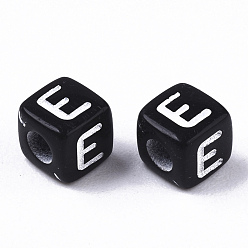 Letter E Opaque Acrylic Beads, Horizontal Hole, Alphabet Style, Cube, Black & White, Letter.E, 5x5x5mm, Hole: 2mm, about 5000pcs/500g
