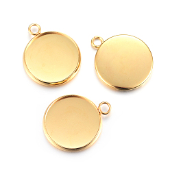 Golden Rack Plating 304 Stainless Steel Pendant Cabochon Settings, Plain Edge Bezel Cups, Flat Round, Real 24K Gold Plated, Tray: 18mm, 24x20x2mm, Hole: 2.2mm