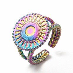 Rainbow Color Ion Plating(IP) 304 Stainless Steel Sun Open Cuff Ring Settings, with Round Tray, Rainbow Color, Inner Diameter: 17.2mm, Tray: 4mm