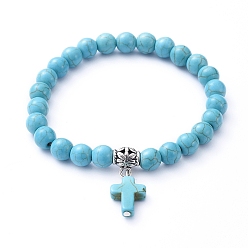 Dark Turquoise Stretch Charm Bracelets, with Synthetic Turquoise(Dyed) Beads, Tibetan Style Alloy Tube Bails, Cross, Dark Turquoise(Dyed), Inner Diameter: 2-1/8 inch(5.4cm)