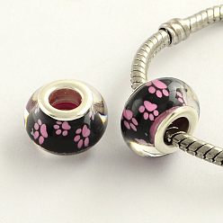 Camellia Large Hole Dog Paw Prints Pattern Resin European Beads, with Platinum Plated Brass Double Cores, Rondelle, Camellia, 14x9mm, Hole: 5mm