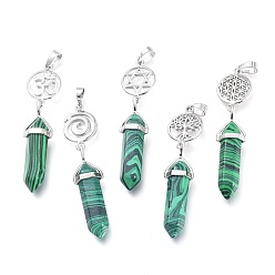 Malachite Synthetic Malachite Pointed Big Pendants, Double Terminated Pointed, with Platinum Plated Brass Findings, Faceted, Bullet, 59~67x14~15mm, Hole: 7x5mm, Gemstone: 41~44x8mm