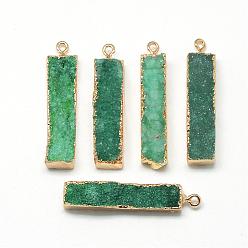 Sea Green Natural Druzy Agate Pendants, with Brass Findings, Dyed, Rectangle, Golden, Sea Green, 39~44x9~12x8~15mm, Hole: 1.8mm