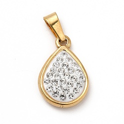 Oro Colgante de diamantes de imitación de arcilla polimérica, con recubrimiento al vacío 201 acero inoxidable, lágrima, dorado, 17x12x4 mm, agujero: 5x2.5 mm