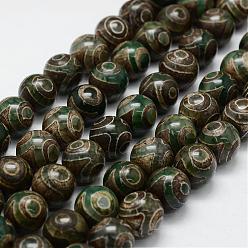 3-Eye Tibetan Style 3-Eye dZi Beads Strands, Natural Agate Beads, Dyed & Heated, Round, Dark Olive Green, 13.5~14mm, Hole: 2mm, about 27pcs/strand, 14.5 inch(370mm)
