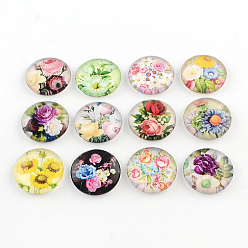 Mixed Color Half Round/Dome Floral Pattern Glass Flatback Cabochons for DIY Projects, Mixed Color, 25x6mm