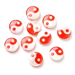 Red Printed Natural Freshwater Shell Beads, Yin Yang Flat Round Beads, Red, 8x2.5~3mm, Hole: 0.8mm