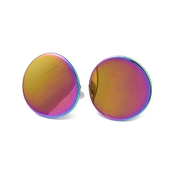 Rainbow Color Ion Plating(IP) 304 Stainless Steel Flat Round Stud Earrings for Women, Rainbow Color, 15mm, Pin: 0.8mm