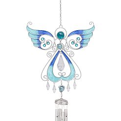 Bleu Ciel Clair Carillon à vent en métal, Décorations de pendentif en émail d'ange féerique, lumière bleu ciel, 760x200mm