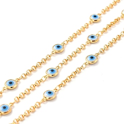 Deep Sky Blue Handmade Brass Rolo Chains, with Enamel, Real 18K Gold Plated, Unwelded, Flat Round with Evil Eye, with Spool, Deep Sky Blue, Link: 11.5x6.5x2.5mm, 3x1mm