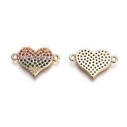 Golden Brass Micro Pave Cubic Zirconia Links, Heart, Colorful, Golden, 12x19.5x2mm, Hole: 1.5mm