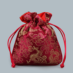 Brique Rouge Sacs-cadeaux de bijoux de cordon de soie de style chinois, pochettes de rangement pour bijoux, doublure couleur aléatoire, rectangle avec motif dragon, firebrick, 15x11.5 cm