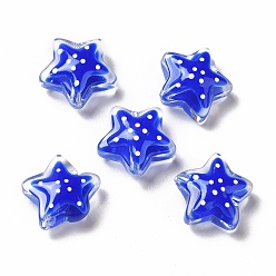 Bleu Des billes de verre transparentes, avec motif à pois, étoiles, bleu, 13x13x6.5mm, Trou: 1mm