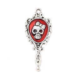 Red Alloy Enamel Pendants, Antique Silver, Magic Mirror with Skull Charm, Red, 35x15x3mm, Hole: 2mm