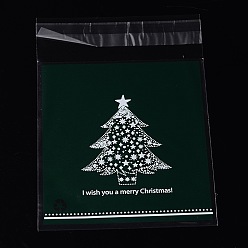 Vert Foncé Rectangle sacs opp de cellophane, avec un motif d'arbre de Noël, vert foncé, 14x9.9 cm, épaisseur unilatérale: 0.035 mm, mesure intérieure: 11x9.9 cm, environ 95~100 pcs / sachet 