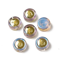 Colorido Perlas de vidrio pintado en aerosol transparente, con fornituras de latón dorado, plano y redondo con sonrisa, colorido, 11.5x4 mm, agujero: 1.2 mm
