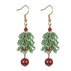 Vert Mer Moyen Arbre de Noël en perles miyuki delica avec boucles d'oreilles pendantes en perles de verre, 304 boucles d'oreilles longues en acier inoxydable, vert de mer moyen, 58.5mm