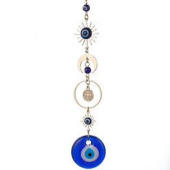 Flat Round Blue Evil Eye Lampwork Pendant Decorations, with Brass Star/Moon Link, Hanging Ornaments, Flat Round, 211mm