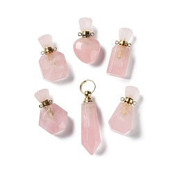 Quartz Rose Pendentifs de bouteille de parfum en quartz rose naturel, avec les accessoires en acier inoxydable de ton d'or, breloque diffuseur d'huiles essentielles, pour la fabrication de bijoux, 33~48.5x14~23x11~15mm, Trou: 1.8~2mm