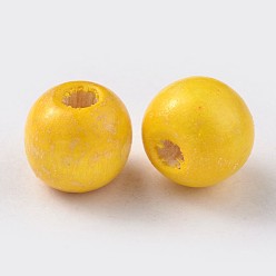 Желтый Природных шарики древесины, окрашенные, круглые, без свинца, желтые, 10x8.5 мм, отверстие : 3.5 мм, Около 3000 шт / 1000 г