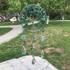 Green Aventurine Metal Wire Wrapped Natural Green Aventurine Chips Flat Round with Tree of Life Pendant Decorations. Hanging Suncatchers, with Glass Teardrop Charm, 300x80mm