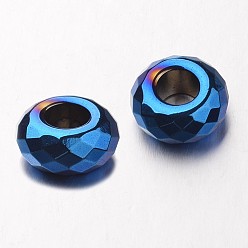 Blue Plated Electroplate Non-magnetic Synthetic Hematite European Beads, Faceted, Large Hole Rondelle Beads, Blue Plated, 14x6mm, Hole: 6mm