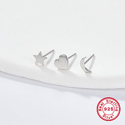 Silver 3Pcs 3 Style 925 Sterling Silver Stud Earrings, Moon & Star & Heart, with S925 Stamp, Silver, 5~6x4~6mm, 1Pc/style