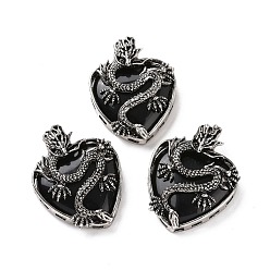 Обсидиан Природные подвески обсидиана, сердце прелести, с реечной обшивкой антикварным серебряным сплавом с выводами дракона, 41~41.5x31.5~32x11.5 мм, отверстие : 6.5x8.5 мм