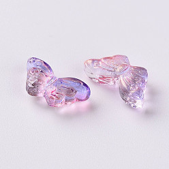 Flamingo Two Tone Transparent Spray Painted Glass Beads, with Glitter Powder, Butterfly, Flamingo, 8x15x4.5mm, Hole: 1mm