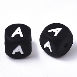 Letter A Food Grade Eco-Friendly Silicone Beads, Horizontal Hole, Chewing Beads For Teethers, DIY Nursing Necklaces Making, Cube, Black, Letter.A, 12x12x12mm, Hole: 2mm