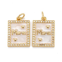 Real 18K Gold Plated Brass Micro Pave Clear Cubic Zirconia Pendants, with Enamel and Jump Rings, Rectangle with Word Mama, Real 18K Gold Plated, 17.5x12x2mm, Hole: 4mm