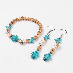 Wood Wood Jewelry Sets, Bracelets & Dangle Earrings, with Dyed Synthetic Turquoise and Spiral Shell, Brass Earring Hooks and Stainless Steel Clasps, Tortoise & Starfish/Sea Stars, 2-1/8 inch(5.3cm), 83mm, Pin: 0.7mm