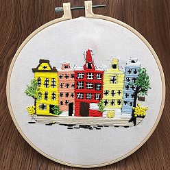 Colorful DIY Building Pattern Embroidery Starter Kit, Cross Stitch Kit Including Imitation Bamboo Frame, Carbon Steel Pins, Cloth and Colorful Threads, Colorful, 177x164x8.5mm, Inner Diameter: 144mm