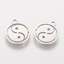 Stainless Steel Color Feng Shui 304 Stainless Steel Charms, Flat Round with Yin Yang, Stainless Steel Color, 14x12x1mm, Hole: 1mm
