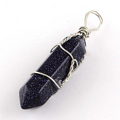 Blue Goldstone Synthetic Dyed Synthetic Blue Goldstone Stone Double Terminated Pointed Pendants, with Platinum Plated Iron Findings, Bullet, 38~45x8x8mm, Hole: 4mm
