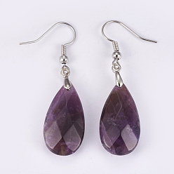 Amethyst Natural Amethyst Dangle Earrings, with Brass Findings, teardrop, Faceted, Platinum, 45~49mm, Pin: 0.7mm, Pendant: 24~26x13x6~7mm