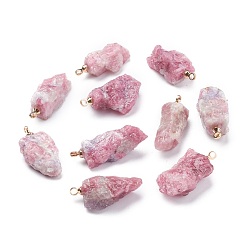 Golden Natural Red Tourmaline Pendants, Rough Raw Stone, with Brass Loop, Grade AAA, Long-Lasting Plated, Nuggets, Golden, 19~29.5x12.5~23x5.3~9.5mm, Hole: 1.6mm